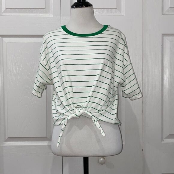 Forever 21 Green White Striped Cropped Tie Front T-Shirt - Picture 1 of 10